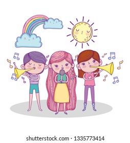 girls playing trumpet and singing with sun and rainbow