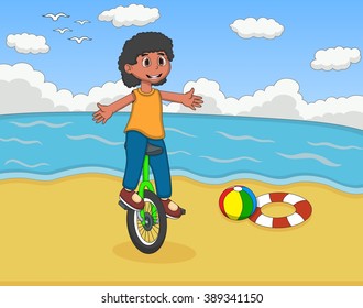 Girls playing unicycle at the beach cartoon vector illustration