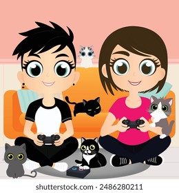 Girls playing video games with their cats