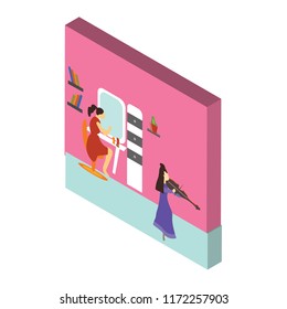 Girls playing violin isometric left top view 3D icon