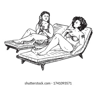 Girls plus size in bikini sitting on chair drinking cocktails, talking and sunbathing, hand drawn doodle, drawing in gravure style, sketch illustration