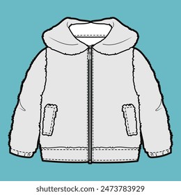 Chaqueta de felpa de las muchachas Plantilla de Vector de boceto plano de moda técnica