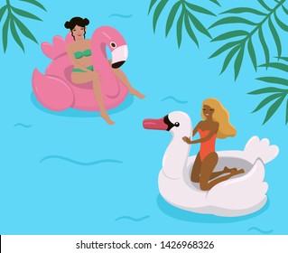 Girls in the pool on inflatable flamingos and swans. Vector illustration.