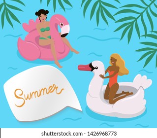 Girls in the pool on inflatable flamingos and swans. Vector illustration.