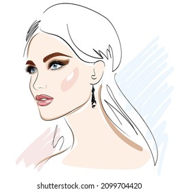 Girls Porträt. Handgezeichnete moderne Modegrafik abstrakter junger schöner und eleganter Frau mit perfektem Make-up. Weibliches Gesicht. Schönheitskizze für Kosmetikdesign.