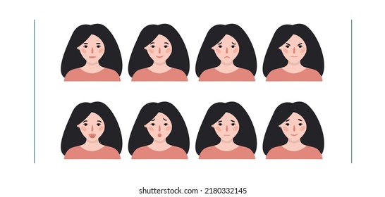 Girls portraits. Eight emotions. 
Set of vector hand drawn flat 
colourful illustrations
