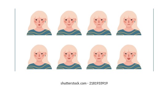 Girls portraits. Eight emotions. 
Set of vector hand drawn flat 
colourful illustrations