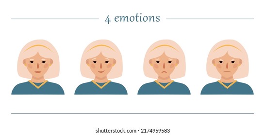 Girls portraits. Four emotions. Set of vector hand drawn flat colourful illustrations