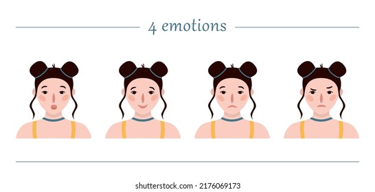 Girls portraits. Four emotions. Set of vector hand drawn flat colourful illustrations