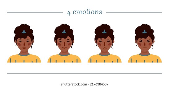 Girls portraits. Four emotions. Set of vector hand drawn flat colourful illustrations