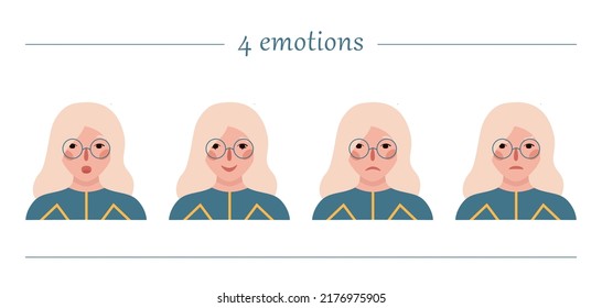 Girls portraits. Four emotions. Set of vector hand drawn flat colourful illustrations