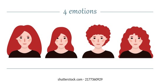 Girls portraits. Four emotions. Set of vector hand drawn flat colourful illustrations