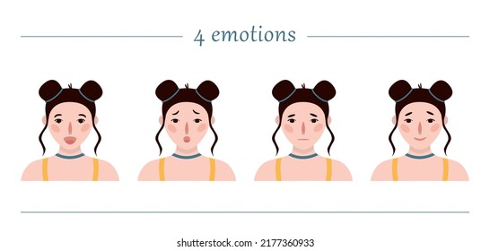 Girls portraits. Four emotions. Set of vector hand drawn flat colourful illustrations