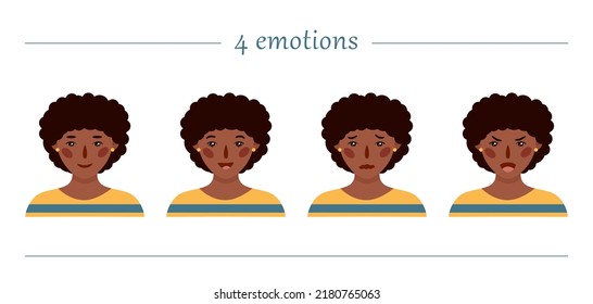 Girls portraits. Four emotions. Set of vector hand drawn flat colourful illustrations