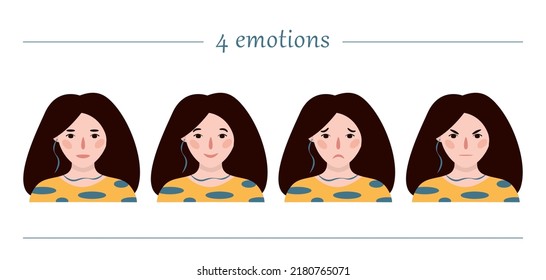 Girls portraits. Four emotions. Set of vector hand drawn flat colourful illustrations