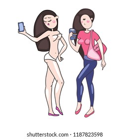 Girls posing in front of a mirror with a smartphone in their hands, selfie, in different life situations, cartoon character, vector image