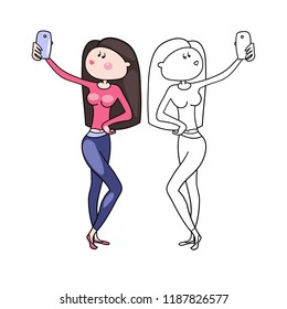 Girls posing in front of a mirror with a smartphone in their hands, selfie, in different life situations, cartoon character, vector image