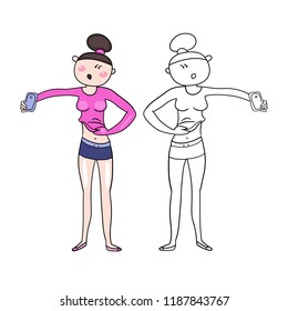 Girls posing in front of a mirror with a smartphone in their hands, selfie, a girl in the gym, photographing the cubes of the press cartoon character, vector image 