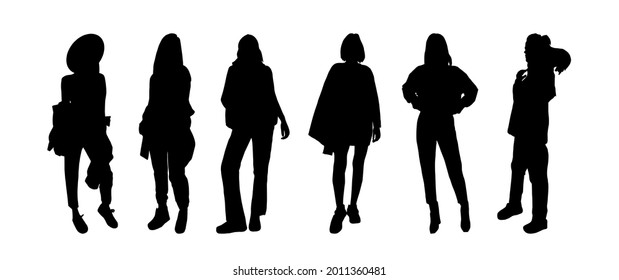 Girls posing in youth clothing in silhouette style for printing on T-shirts, bags, laser carving. Vector clipart.