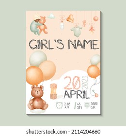 Girls posters, height, weight, date of birth. Teddy bear, balloon and baby stuff green, vector illustration on white background. Illustration newborn metric for children's bedroom.