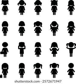 Girls Postures vector black silhouette icon set against white background.