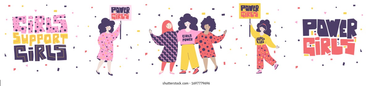 Girls power in beautiful style. Girls support vector flat illustration.