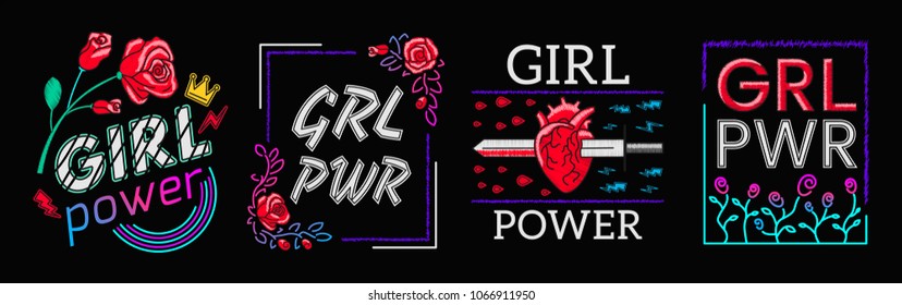 Girls Power is Collection Slogans Print Embroidery T-shirt. Feminist slogan, Rock print. Fashionable slogan with roses. Girl Gang patches, badges T-shirt apparels print tee graphic design. Vector