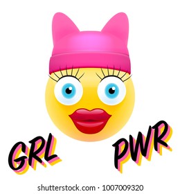 Girls Power Concept. Vector Illustration of Feminist Slogan with Colorful Girlish Emoji and Pink Hat Isolated on background.