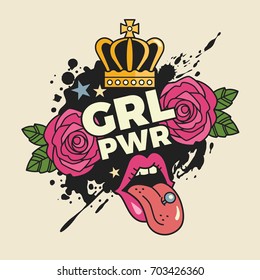 Girls power concept. Vector illustration of feminist slogan with colorful girlish stickers and symbols, such as roses, lips and crown. Isolated on background.