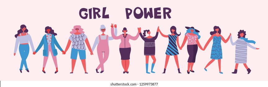 Girl's Power. Feminine concept and woman empowerment design for banners. Group of young fashion women activists standing together and holding hands