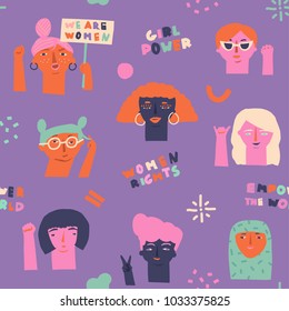 Girls power, feminine and feminism, woman empowerment ideas seamless pattern. International womens day concept graphic.