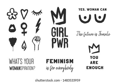 Girls power icon elements on white background. Fashion woman 90s t-shirt design. Female power hand drawn brush graphic. Vector illustration. Text, symbol, typographic phrase and decoration