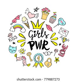 Girls Power lettering with girly doodles  for valentines day card design, girl's t-shirt print, posters. Hand drawn fancy comic feminism slogan in cartoon style.