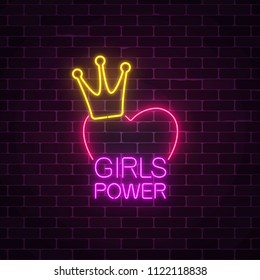 Girls power sign in neon style on dark brick wall background. Glowing symbol of female slogan. Women rights. Vector illustration.