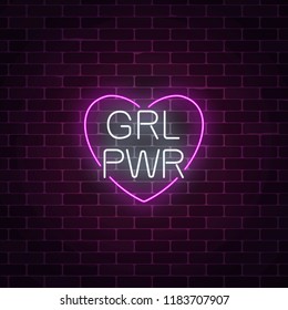 Girls power sign in neon style on dark brick wall background. Glowing symbol of female slogan in heart shape. Women rights. Vector illustration.