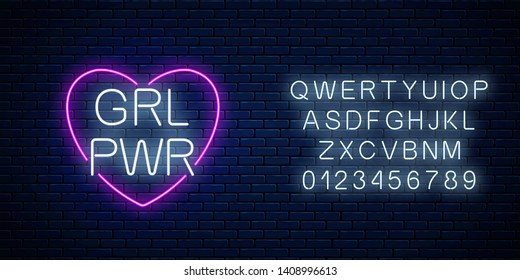 Girls power sign in neon style with alphabet on dark brick wall background. Glowing symbol of female slogan in heart shape. Women rights. Vector illustration.