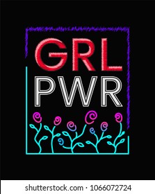 Girls Power Slogan Print Embroidery T-shirt. Feminist slogan, Rock print. Fashionable slogan with roses. Girl Gang patches, badges T-shirt apparels print tee graphic design. Vector Illustration