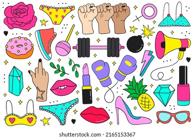 Girls power vintage doodle set. Girly design elements patch badges and stickers with hands, eyeglasses, accessories, clothes. Vector illustration