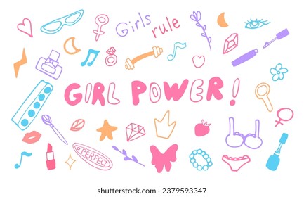 Girls power vintage doodle set. Girly elements patch badges and stickers with glasses, accessories. Grl pwr hand drawn set. Feminism lettering. Women right. Girl Boss. Female badges and symbols.