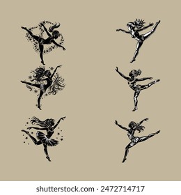 "Girls Practicing Gymnastics Vector Logo Icon" is a digital graphic design file featuring stylized illustrations of girls engaging in gymnastics. This vector artwork is ideal for branding.