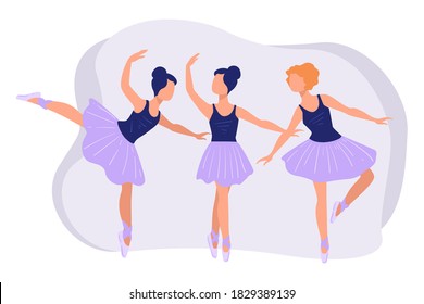 Girls practicing stage number, isolated ballet dancers wearing dresses. Dancing studio or club for professionals, hobby and active lifestyle of women. Choreography at school, vector in flat style