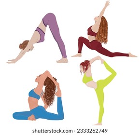 Girls Practicing Various Yoga Positions Set, Slim Sporty Young Woman Training, Meditating, Balancing and Relaxing. Flat Style Vector Illustration