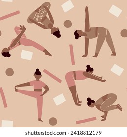 Girls practicing Yoga Poses Zen Seamless Pattern with geometric element and minimalistic style, pink and beige shades