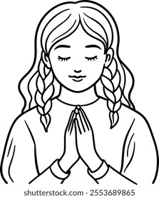 Girl's Praying Hands Vector Line Art on White Background   Spiritual Minimalist Illustration