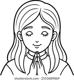 Girl's Praying Hands Vector Line Art on White Background   Spiritual Minimalist Illustration