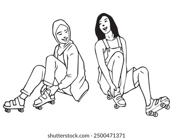 Girls are prepaing them selfs to play roller skate. Illustration in black and white and vector format. Please note that this illustration is not AI Generated content.