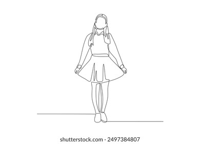 Niñas preparándose para volver a la escuela. Volver al concepto de la escuela de dibujo de una línea