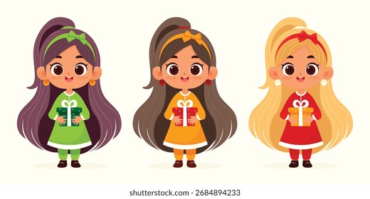 Chicas con Ilustración vectorial de conjunto presente.
