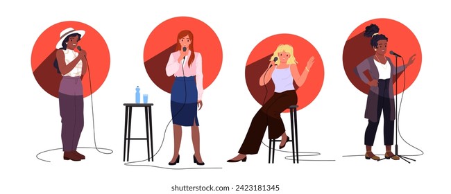 Girls present standup comedy show on stage at open mic set. Female characters in spotlight red circle holding microphone to tell jokes, standing or sitting on chair cartoon vector illustration