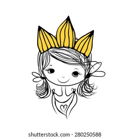 Girls princess with crown on head for your design, vector illustration